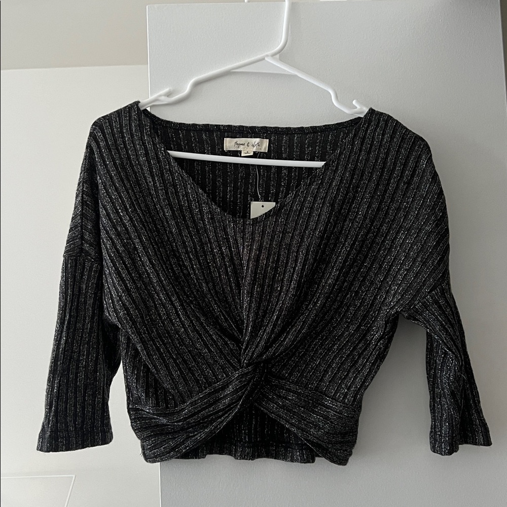 Francesca's Black Ribbed Metallic Thread Crop Top